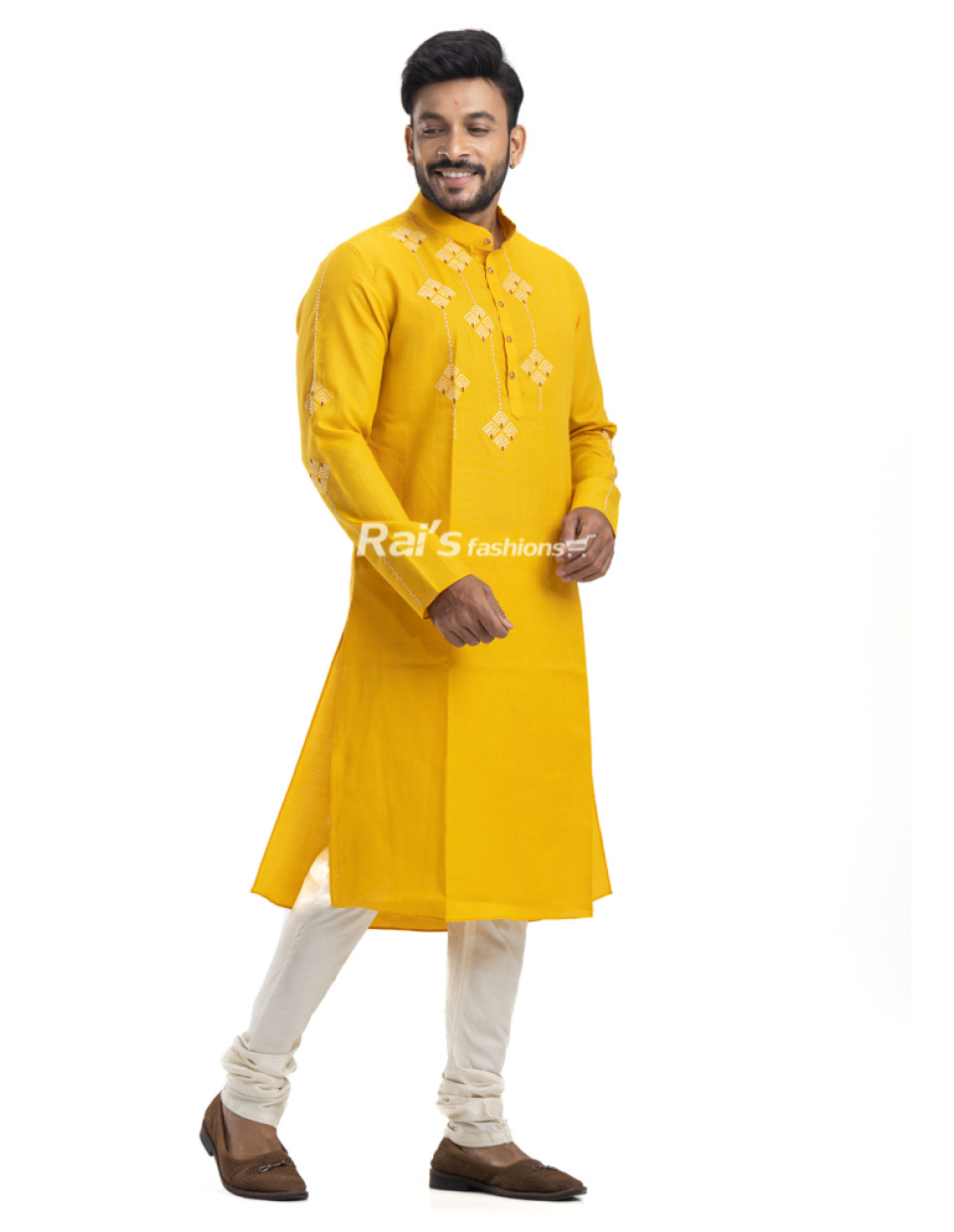 Yellow Handloom Silk Embroidery Worked Straight Punjabi For Men (NS98)